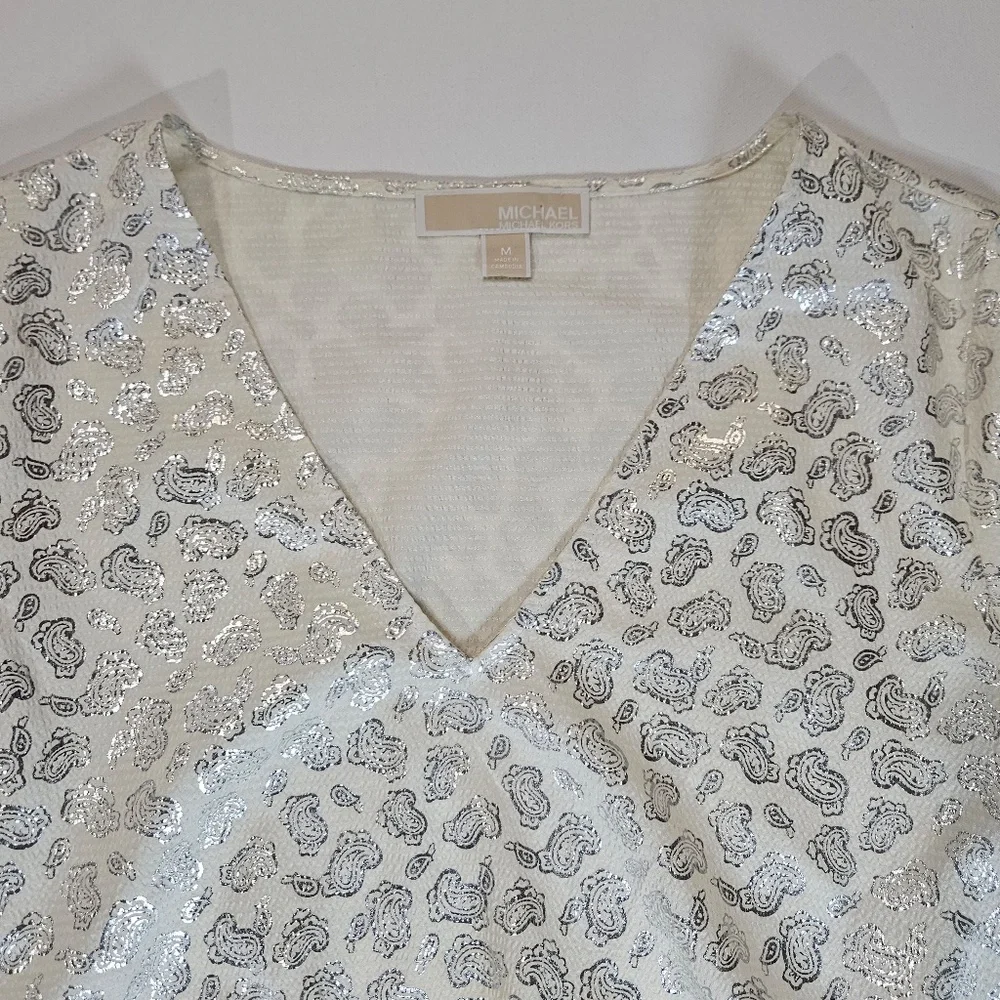 Michael Kors Top Womens Medium Silver Glitter Paisley Short Sleeve Pullover - Picture 4 of 8
